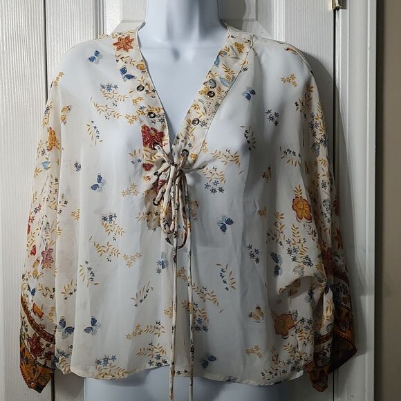 Forever 21 floral sheer lace up  blouse Sz M - Picture 1 of 6